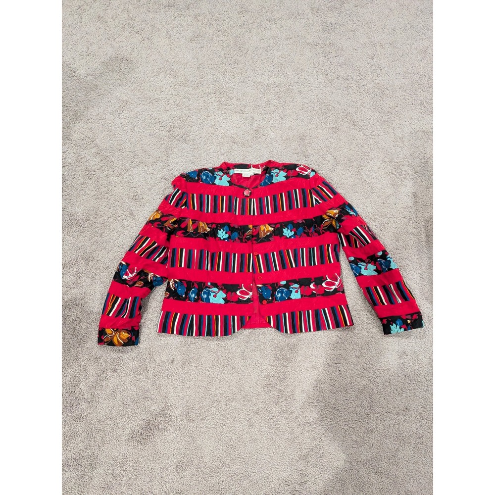 Anne Crimmins Umi Collection Silk Blazer Red Floral Striped Button Front Vintage